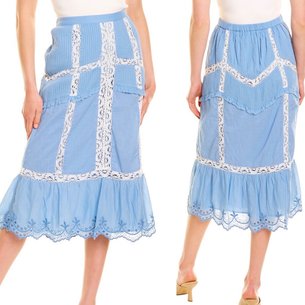 LoveShackFancy Baby Blue Caius MIDI Skirt Pastel Prairie Boho CottageCore Large